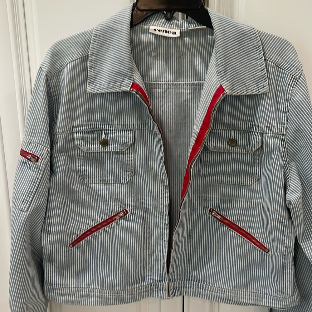 Blue and Red Jean Jacket with Red Zipper Accents